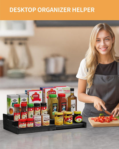 VenDotbi Spice Rack, 3-Tier Expandable Bamboo Spice Rack Organizer for Cabinet - Kitchen, Pantry and Cupboard Storage Organizer