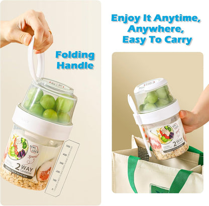 Breakfast On The Go Cups, Salad Cup To Go, Take And Go Yogurt Cereal Overnight Oats Snack Parfait Containers & Salad Dressing Holder With Fork For Lunch, Fruit & Vegetable Jar(White,29.5oz)