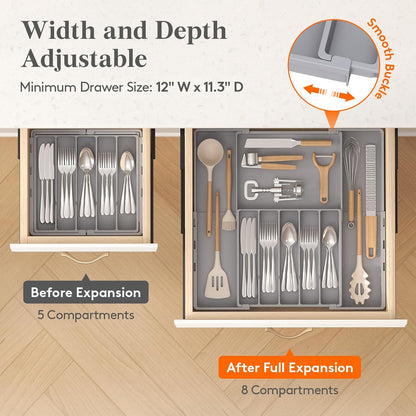 Lifewit Silverware Drawer Organizer, Expandable Utensil Tray for Kitchen, BPA Free Flatware and Cutlery Holder, Adjustable Plastic Storage for Spoons Forks Knives, 4-7 Slots, Black