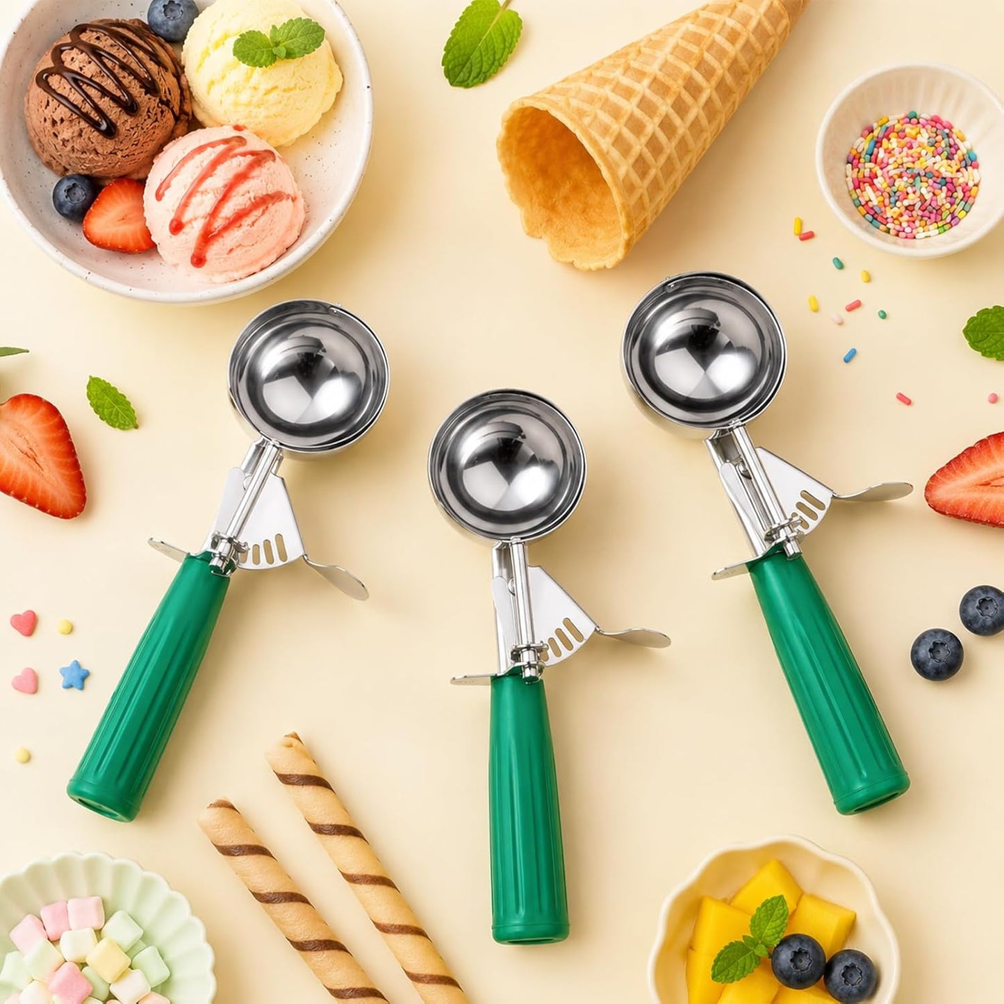 Cookie Scoop Set of 3, Ice Cream Scoop with Trigger Release & Anti-Freeze Grip, 18/8 Stainless Steel Cookie Scoops for Baking, Portion Scooper for Cookie Dough, Cupcake, Mashed Potatoes (S/M/L)