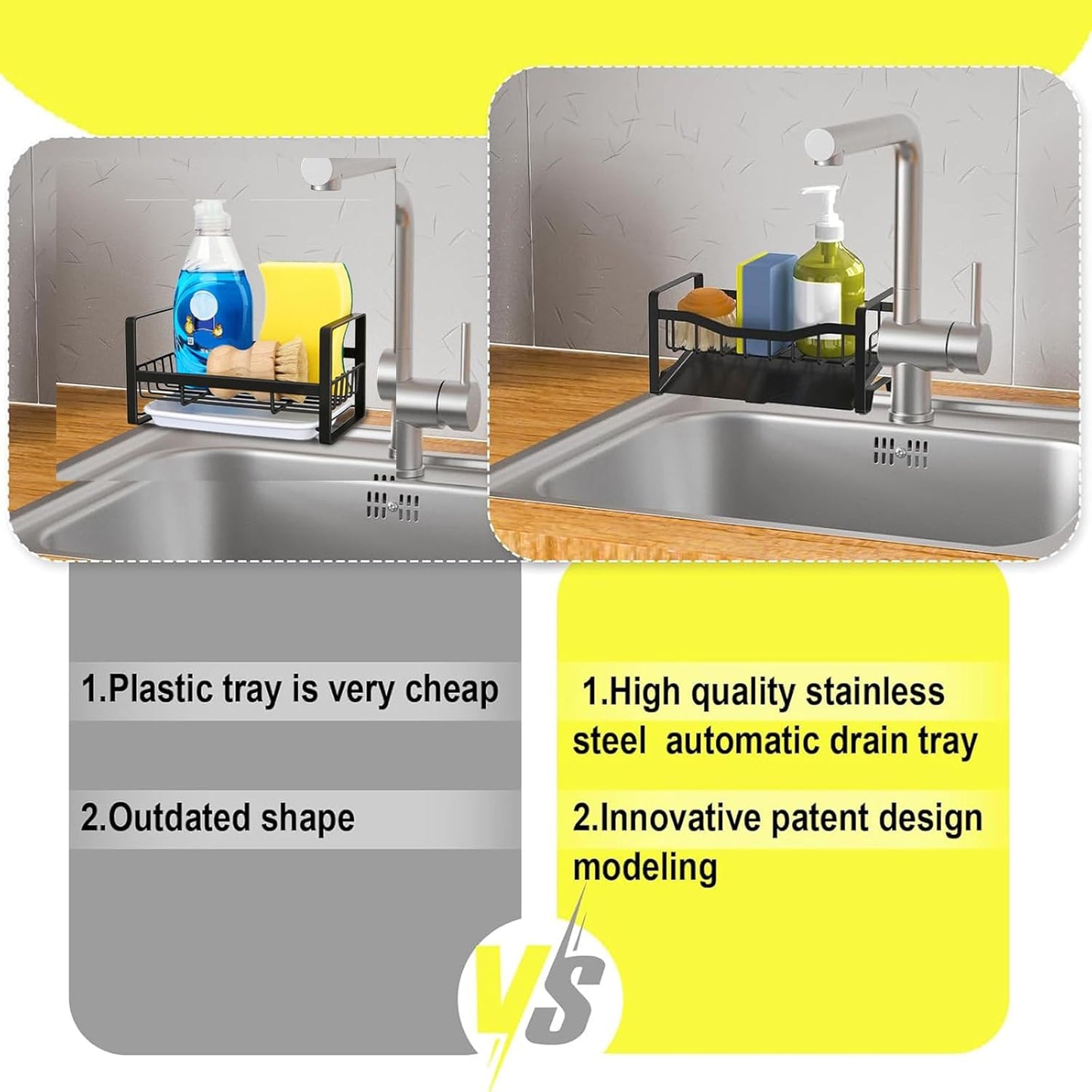 Maifan Stainless Steel Kitchen Sink Caddy Organizer with Auto Drain Tray, Sponge Holder for Countertop Storage