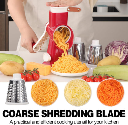 Cheese Grater Cheese Shredder with 3 Interchangeable Blades, Rotary Cheese Grater Manual Vegetable Slicer with Non-slip Suction Base Peanut Nuts Grinder Vegetable Shredder Clear