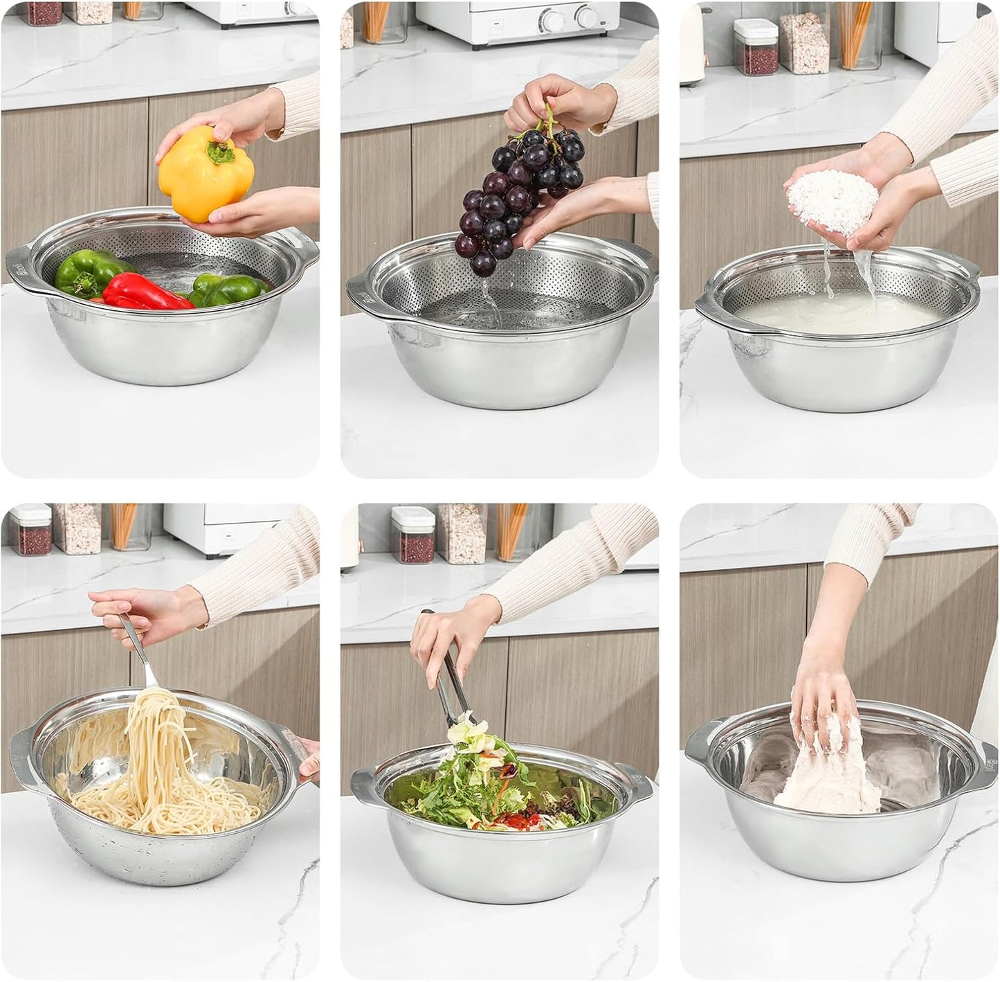 Paoli 304 Stainless Steel Fine Mesh Colander Set, 1.5QT Large Capacity Strainer with Mixing Bowl — Rinse Fruits, Veggies, Rice & Drain Pasta, Dishwasher Safe (2-Piece)