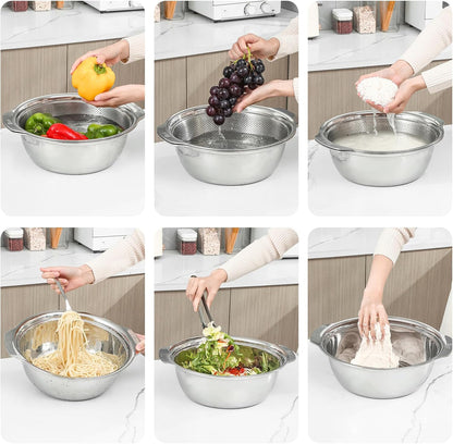 Paoli 304 Stainless Steel Fine Mesh Colander Set, 1.5QT Large Capacity Strainer with Mixing Bowl — Rinse Fruits, Veggies, Rice & Drain Pasta, Dishwasher Safe (2-Piece)