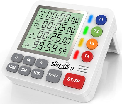 Digital Kitchen Timer for Cooking - 4 Channel Count Up Countdown Timer with Loud Alarm and Silent Mode, Large Display, Magnetic Back, Auto Memory for Classroom Study Gym, Battery Included (Black)