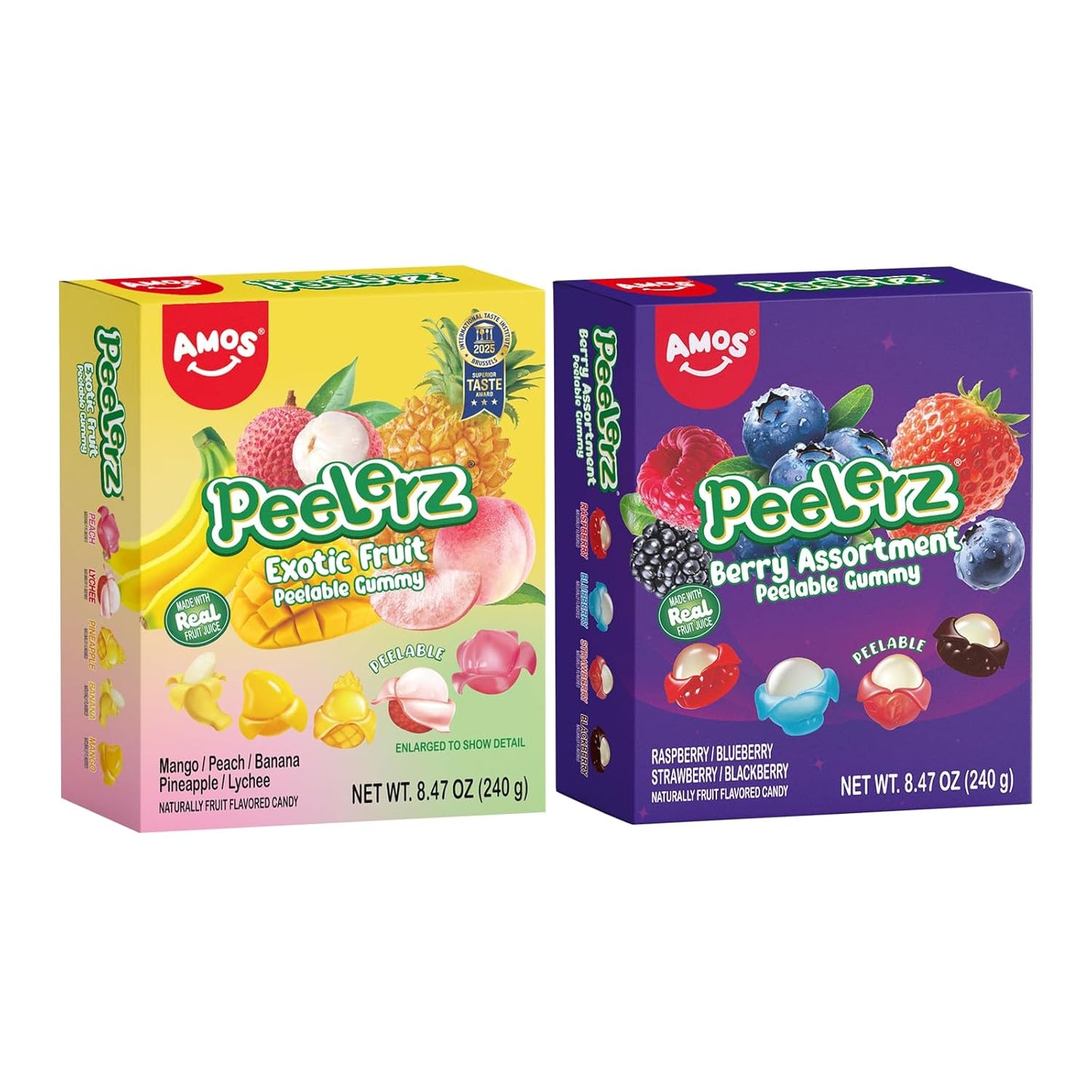 AMOS Peelerz Peelable Gummy Candy Variety Pack, Mango White Peach Banana Green Apple Passion Fruit Lychee, Soft Chewy Fruit Snack, Pack of 6