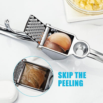 Garlic Press, Premium Metal Garlic Mincer Tool, Heavy Duty Garlic Crusher with Ergonomic Handle, Rust Proof & Dishwasher Safe, Easy to Squeeze and Clean -Silver