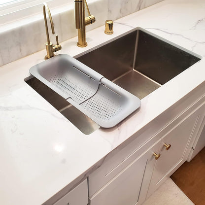 Makerstep Over the Sink Colander Strainer Basket - Expandable, Wash, Drain, and Dry. - New Home Kitchen Essentials, Multifunctional Kitchen Gadgets, Grey 14.25x8