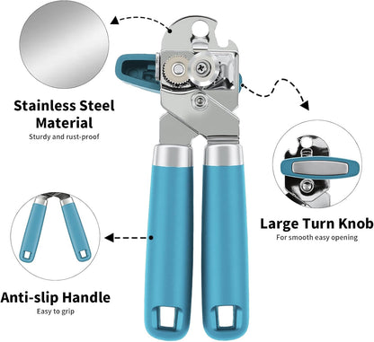 Can Opener Manual, Hand Heavy Duty Stainless Steel Bottle Opener Comfortable Handle, Sharp Blade Smooth Edge, Multifunctional Kitchen Tool, Black