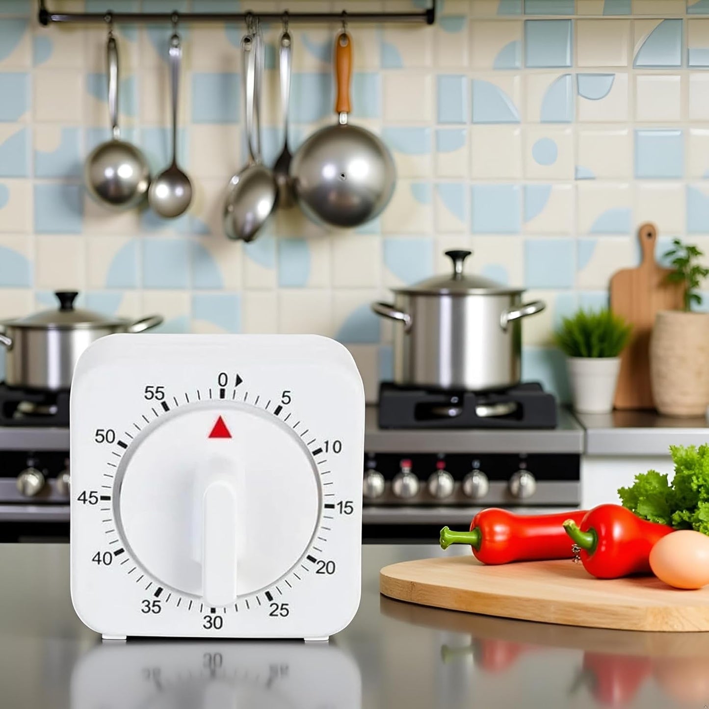 White Timer Clock Square 60-Minute Mechanical Kitchen Timer Wind up Visual Cooking Clock with Loud Alarm No Batteries Required Ideal for Kitchen Cooking Baking Timers