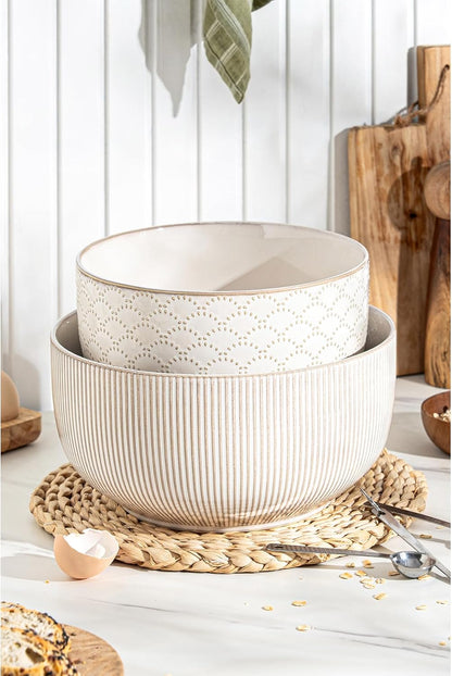 Ceramic Mixing Bowls, Embossed Nesting Bowls Set of 4, Mixing Bowl Set for Serving, Baking, Cooking and Gift, Microwave and Dishwasher Safe, 20/47/99/148 oz, Off-White