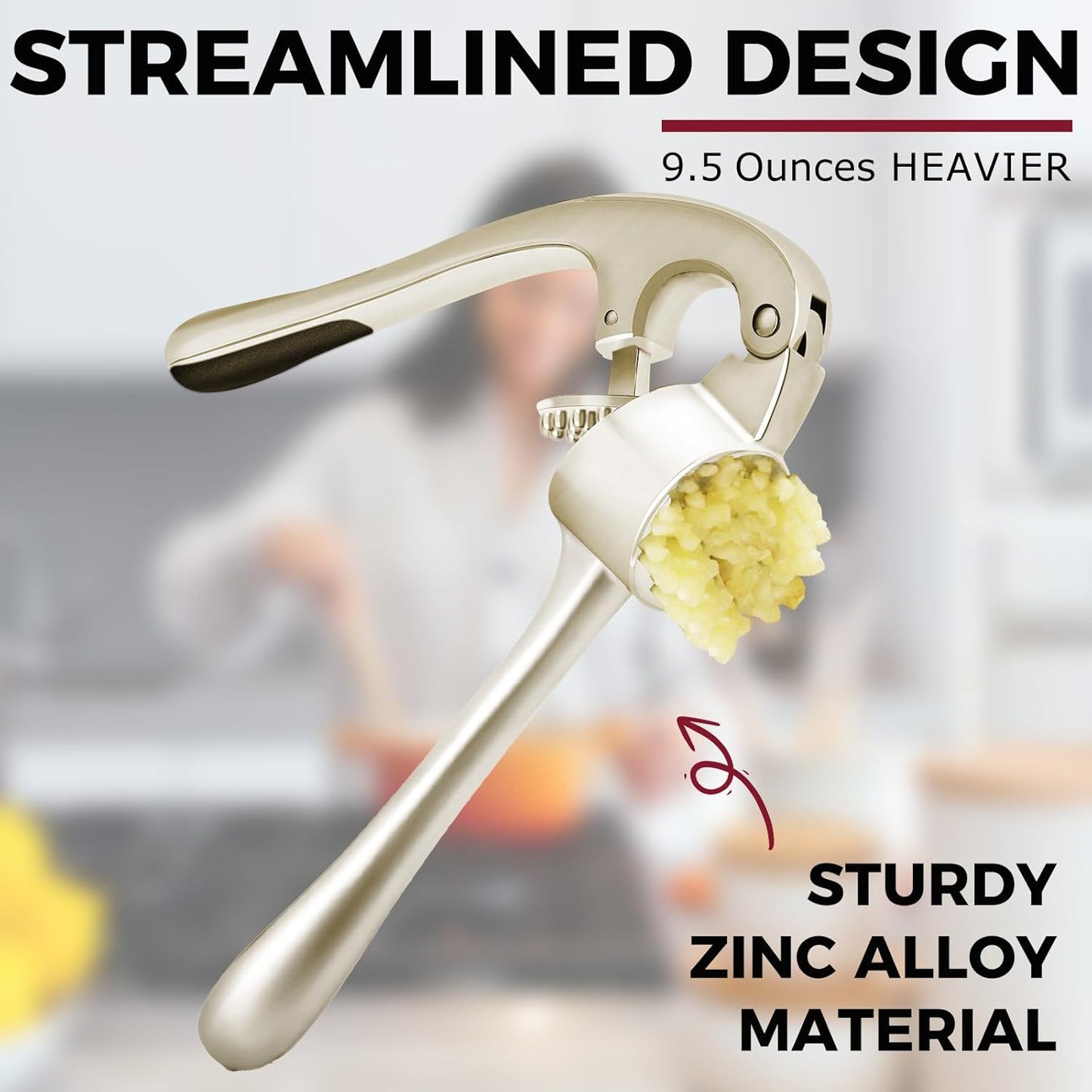 Kitessensu High Effective Garlic Press With Studs, Heavy Duty Garlic Mincer, Easy to Squeeze and Clean, Rust Proof, Ginger Crusher- Imperial Silver