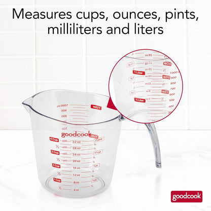 GoodCook Everyday 4-Cup Liquid Measuring Cup, Clear Plastic with Easy-to-Read Markings, Tapered Pour Spout, Comfortable Handle, Measures in Cups, Ounces, Pints, and Milliliters