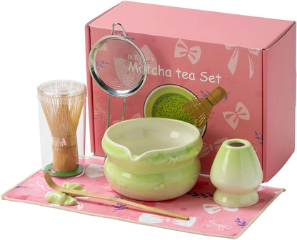 DWEHIXBUY Matcha Kit 7-Pcs matcha whisk set, Measuring Spoon, Japanese Tea Making Tools,Cha, tea bowl, pink matcha set (rosy)