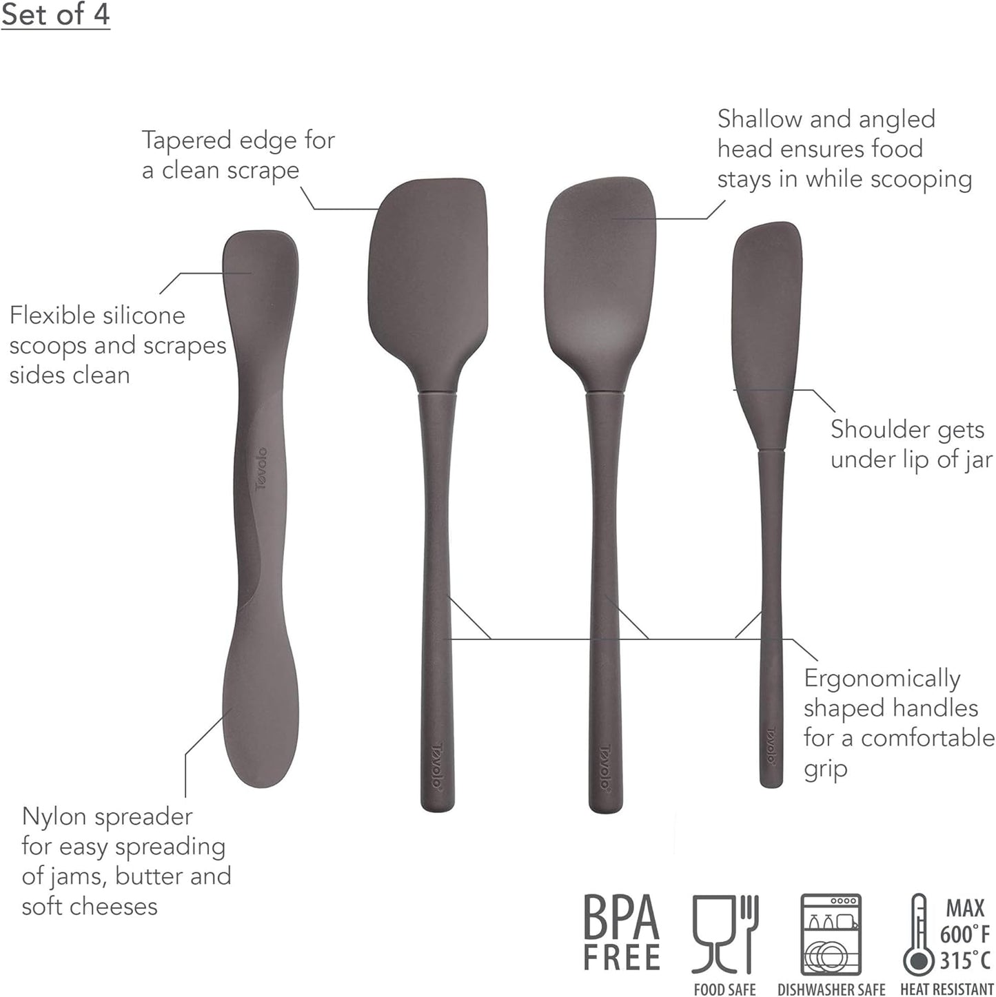 Tovolo Flex Core Mini Silicone Spatula Set for Kitchen Prep and Baking, Silicone Kitchen Utensils Set with Spatula Spoonula & Scoop Tools, BPA Free Heat Resistant Silicone Cooking Set, Charcoal Gray