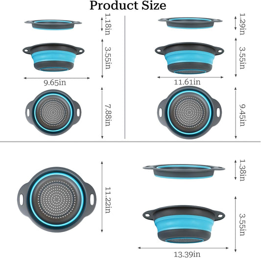 Collapsible Colander 3-Pack Set Space-Saving Foldable Kitchen Strainer with Non-Slip Base Durable Thickened PP+TPE Collapsible Strainers for Pasta, Vegetables, Fruits (Gray-White)