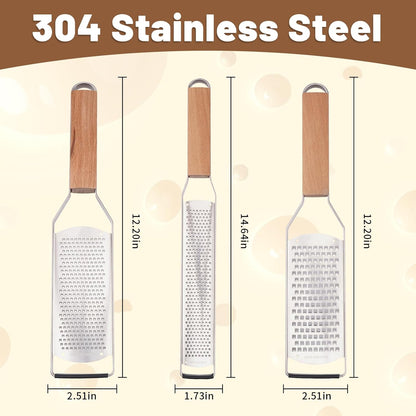 SHIKORI Professional Cheese Graters for Kitchen Stainless Steel Handheld, Metal Lemon Zester Grater With Wood Handle For Cheese, Chocolate, Spices, Kitchen Gadgets And Tools-3 Pcs