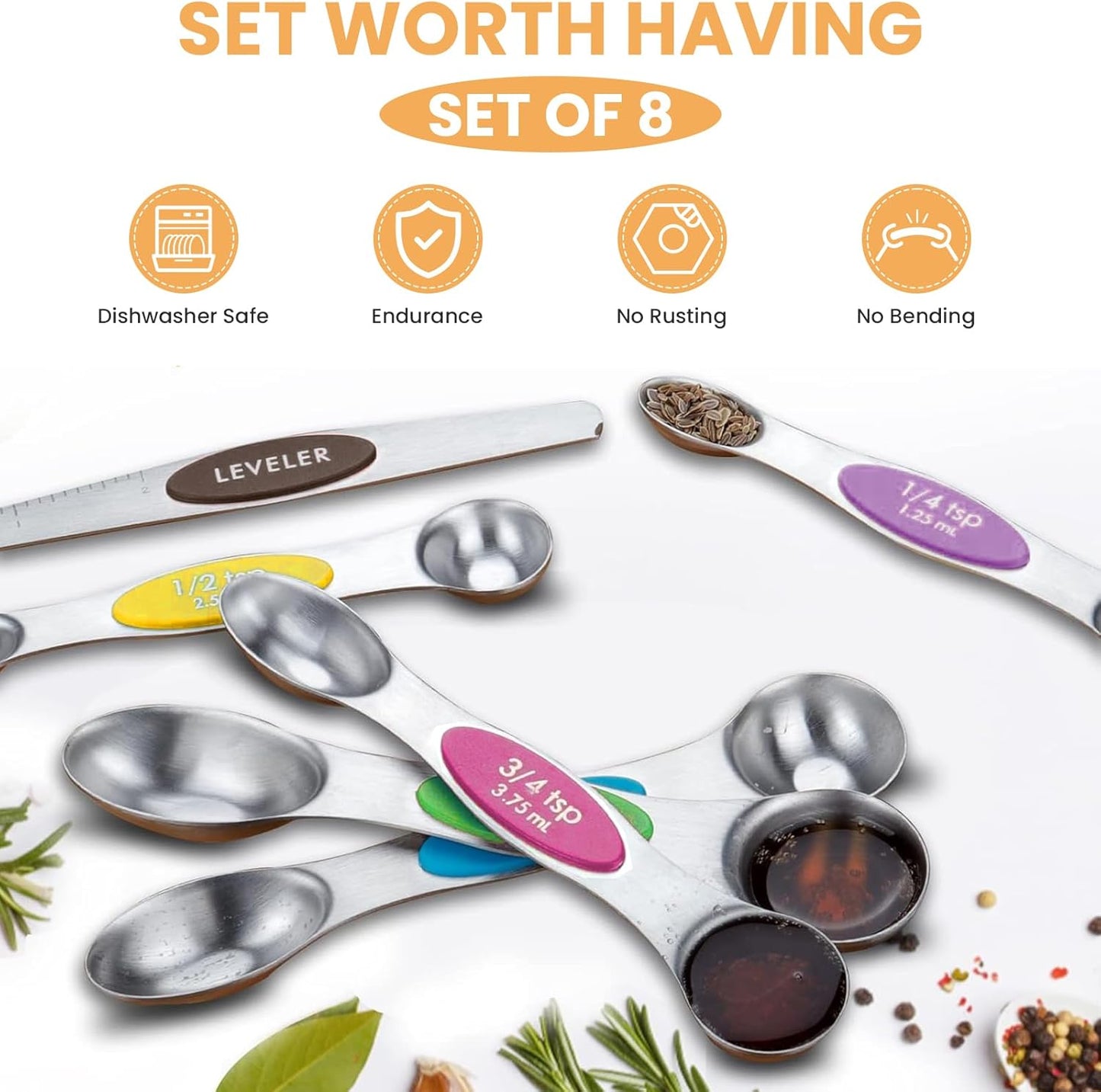 Magnetic Measuring Spoons Set with Leveler, Stainless Steel Metal Tablespoon Measure Spoon for Baking, Cups and Spoon Set Kitchen Gadgets Apartment Essentials Fits in Spice Jars