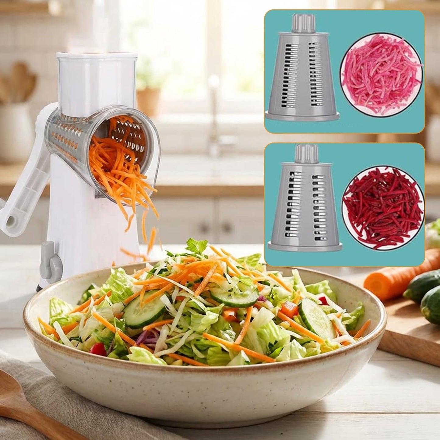 Sakerplus 5 in 1 Rotary Cheese Grater Shredder with Handle, Hand Crank Manual Vegetable Slicer & Drum Grater for Cheese, Potatoes, Nuts, Salad, Dishwasher Safe Blades (1, White)