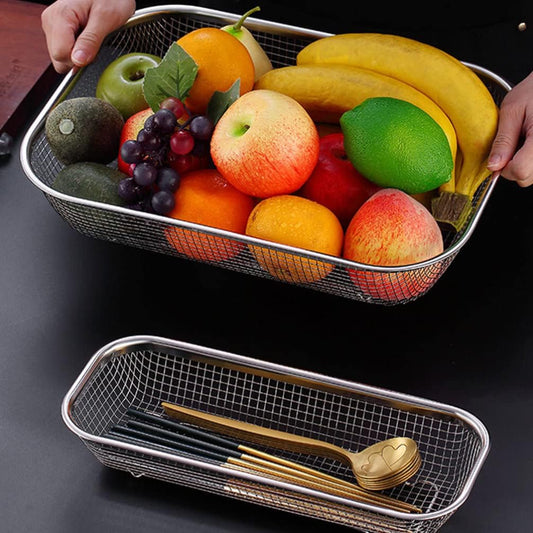 Angoily Stainless Steel Fruit Basket Rectangular Mesh Strainer Multi-Function Draining Basket for Kitchen Vegetable Washing 14.56X10.62X2.95In