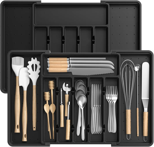 RoomHacks Large Silverware Organizer,Expandable Utensil Drawer Organizer,BPA Free Utensil Holder,Adjustable Silverware Tray Cutlery Drawer Organizer for Kitchen Flatware,Large,Black (6-8 Slots)