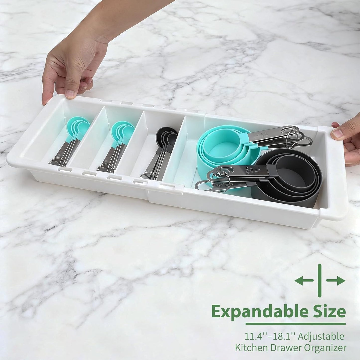 Expandable Measuring Cup Organizer & Measuring Spoon Organizer for Deep Drawers, 11.4''–18.1'' Adjustable Kitchen Drawer Organizer with 3 Dividers, Space-Saving Flatware Bin for Home & Kitchen