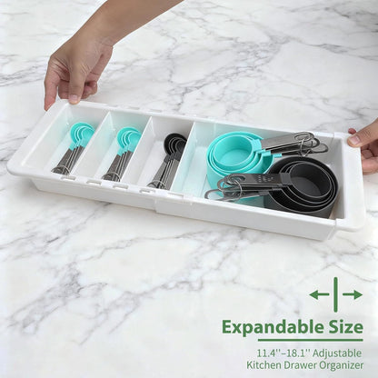 Expandable Measuring Cup Organizer & Measuring Spoon Organizer for Deep Drawers, 11.4''–18.1'' Adjustable Kitchen Drawer Organizer with 3 Dividers, Space-Saving Flatware Bin for Home & Kitchen