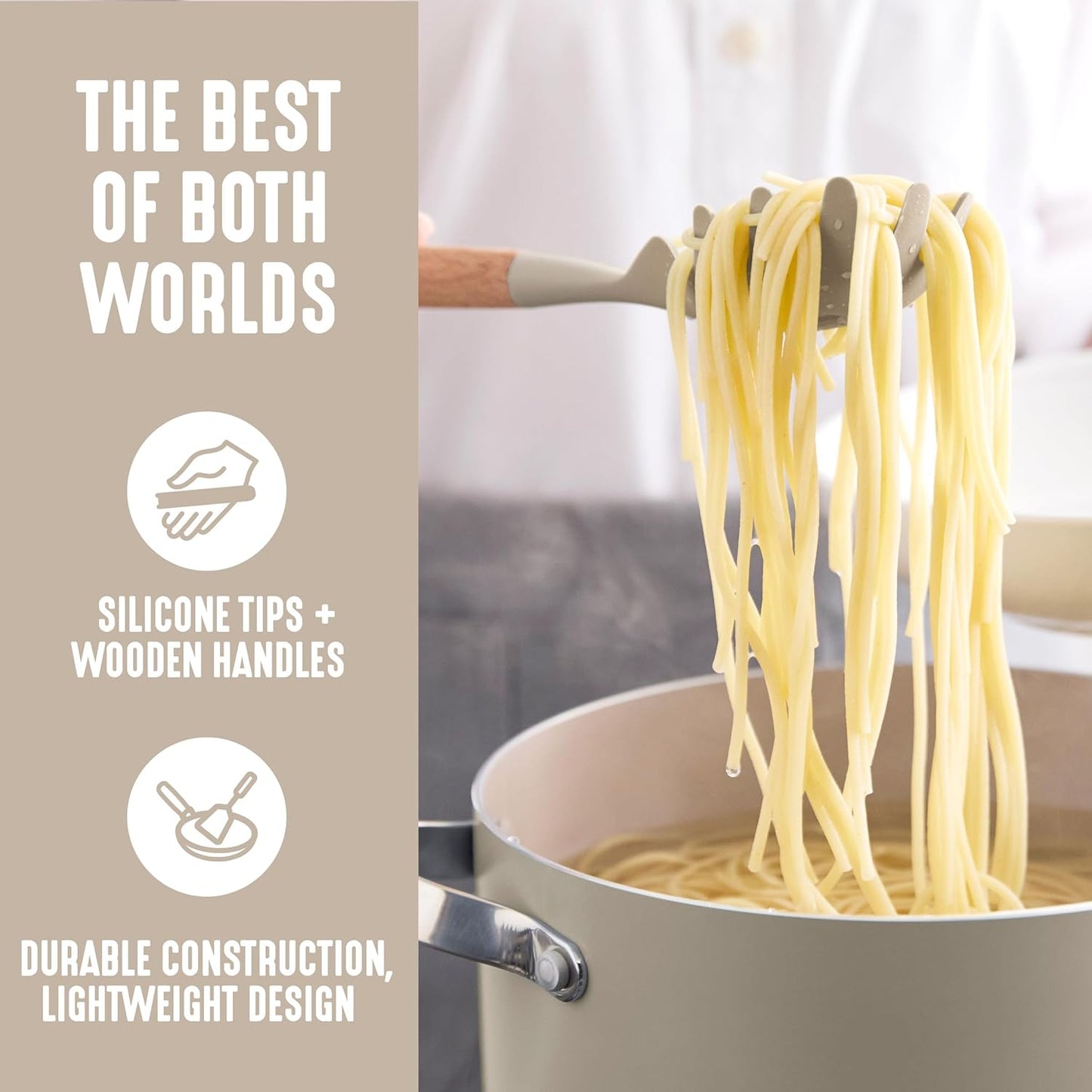 GreenLife 11 Piece Silicone Utensil Crock Set, Nonstick Kitchen Tools, Ladle, Turner, Slotted Turner, Spatula, Spoon, Spaghetti Server, Brush, Whisk, Tongs, Crock, Cream White