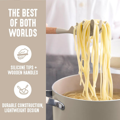 GreenLife 11 Piece Silicone Utensil Crock Set, Nonstick Kitchen Tools, Ladle, Turner, Slotted Turner, Spatula, Spoon, Spaghetti Server, Brush, Whisk, Tongs, Crock, Cream White