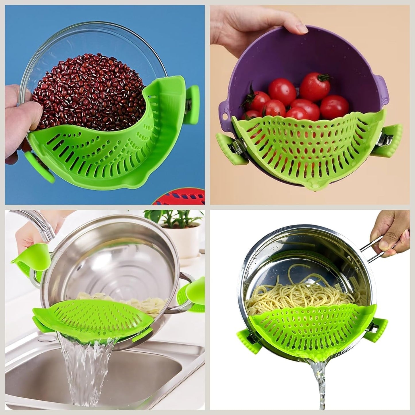 Clip On Strainer Silicone for All Pots and Pans, Pasta Strainer Clip on Food Strainer for Meat Vegetables Fruit Silicone Kitchen Colander (Grey)