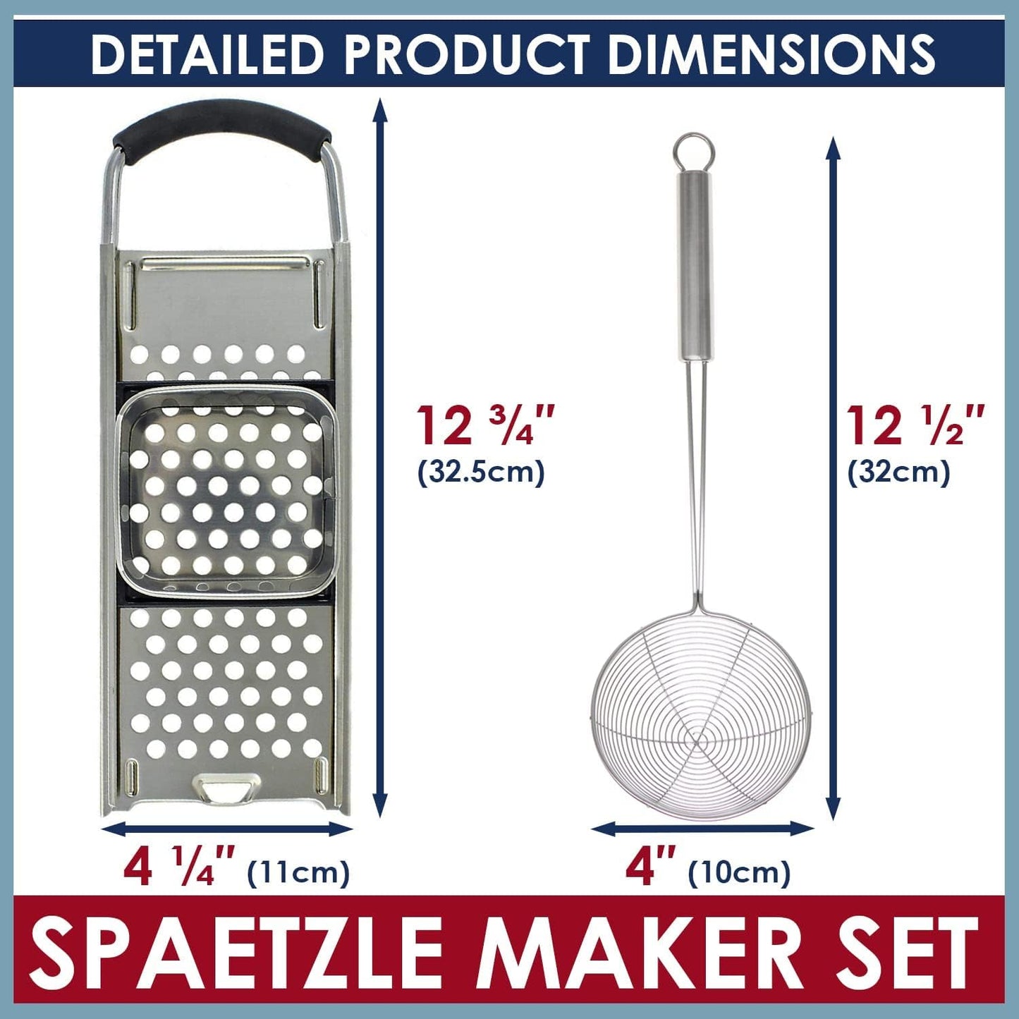 KEISSCO Stainless Steel Spaetzle Maker with Comfort Grip Handle, Homemade Traditional German Egg Noodle Dumpling Making Tool Set
