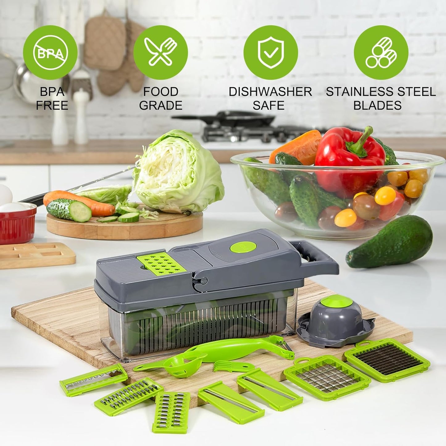 Vegetable Chopper with Container and Lid Multifunctional 14 in 1, Professional Veggie Chopper, Non Slip Durable Kitchen Chopper Vegetable Cutter, Mandoline Food Chopper With 8 Blades