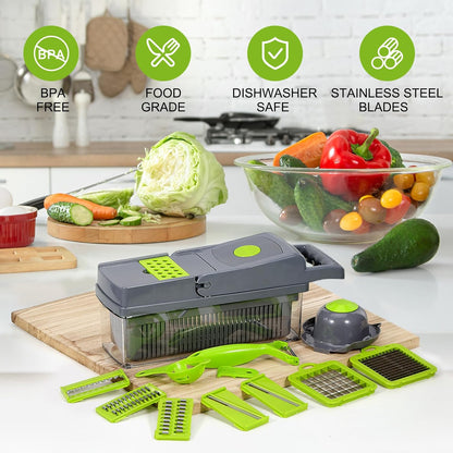 Vegetable Chopper with Container and Lid Multifunctional 14 in 1, Professional Veggie Chopper, Non Slip Durable Kitchen Chopper Vegetable Cutter, Mandoline Food Chopper With 8 Blades