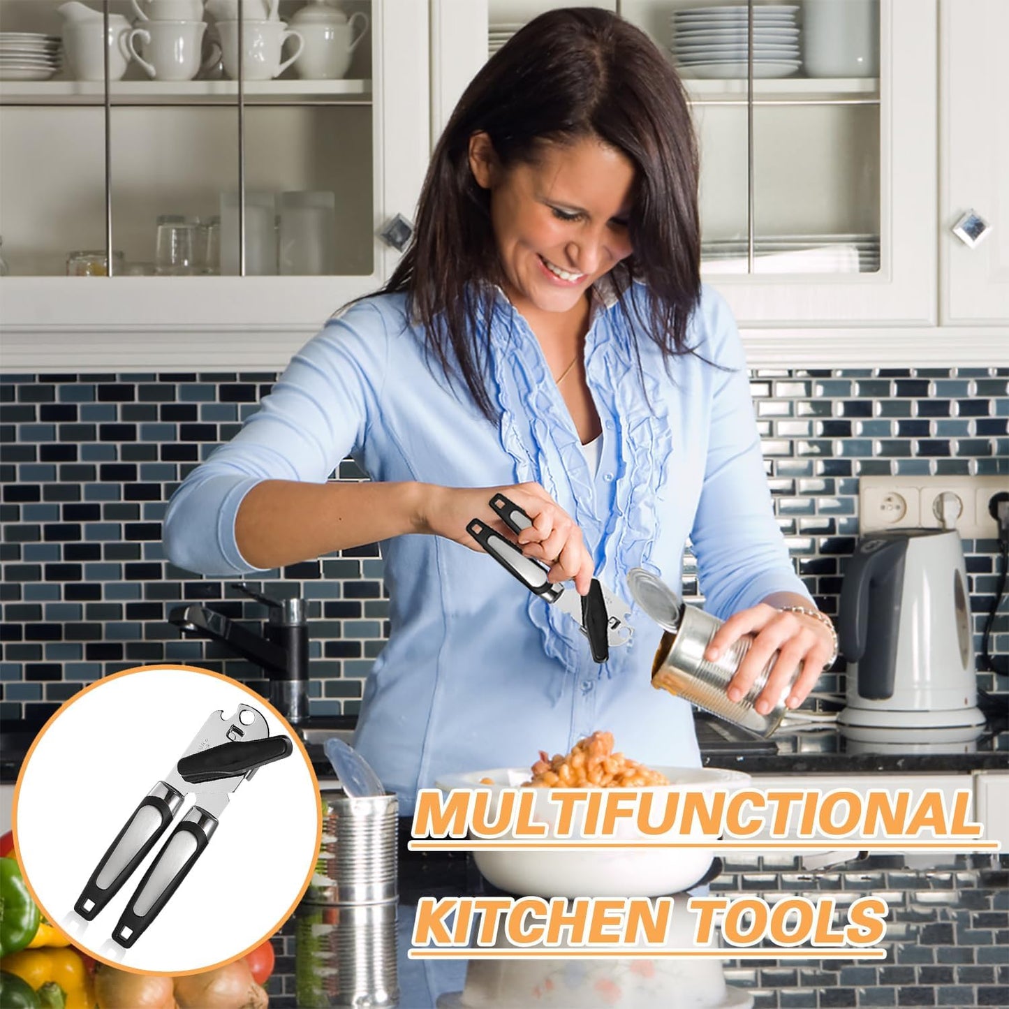 Manual Can Opener With Stainless Steel Cutting Wheel，Smooth Edge Can Opener Heavy Duty and Bottle Openers Easy to Use, Soft Comfortable Handle, Multifunctional Can Opener Tool, Black
