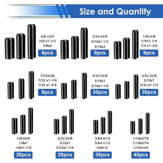 230Pcs Roll Pin Set SAE 1/16 5/64 3/32 1/8 5/32 3/16 7/32 1/4 5/16 3/8 Inch Roll Pins Assortment Kit for for Home Improvement Automotive Repair