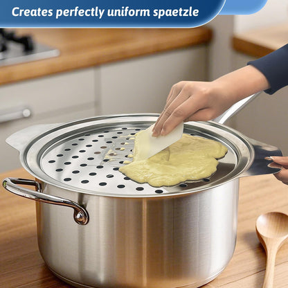 Premium Grade Stainless Steel Spaetzle Maker with Anti-slip Rubber Handle, Spider Strainer Skimmer, Silicone Scraper and Plastic Brush, Homemade German Egg Noodle Dumpling Making Tool Set