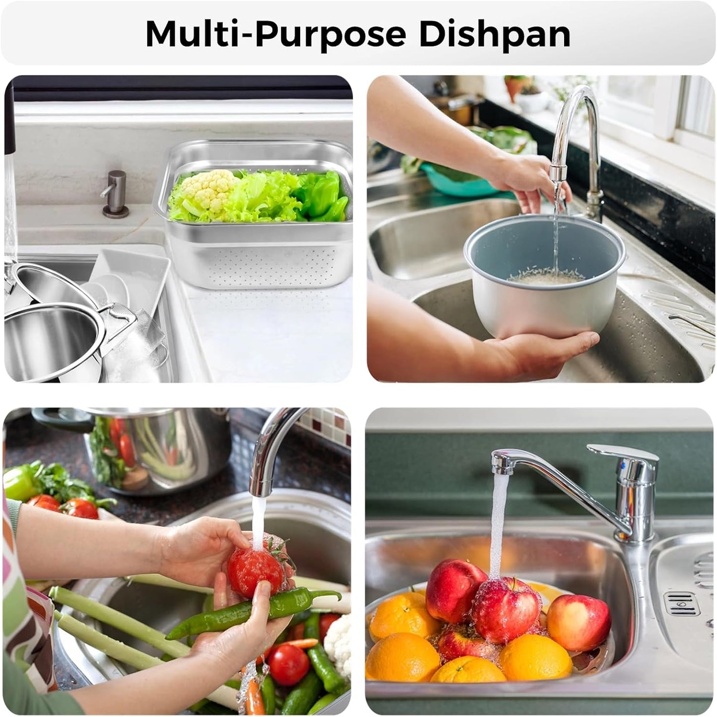 yeesport Stainless Steel Washing Up Bowl, Multi-Purpose Dish Tub for Sink, Large Square Container for Kitchen, Vegetable Washing Basin, Sturdy Dishpan for Home