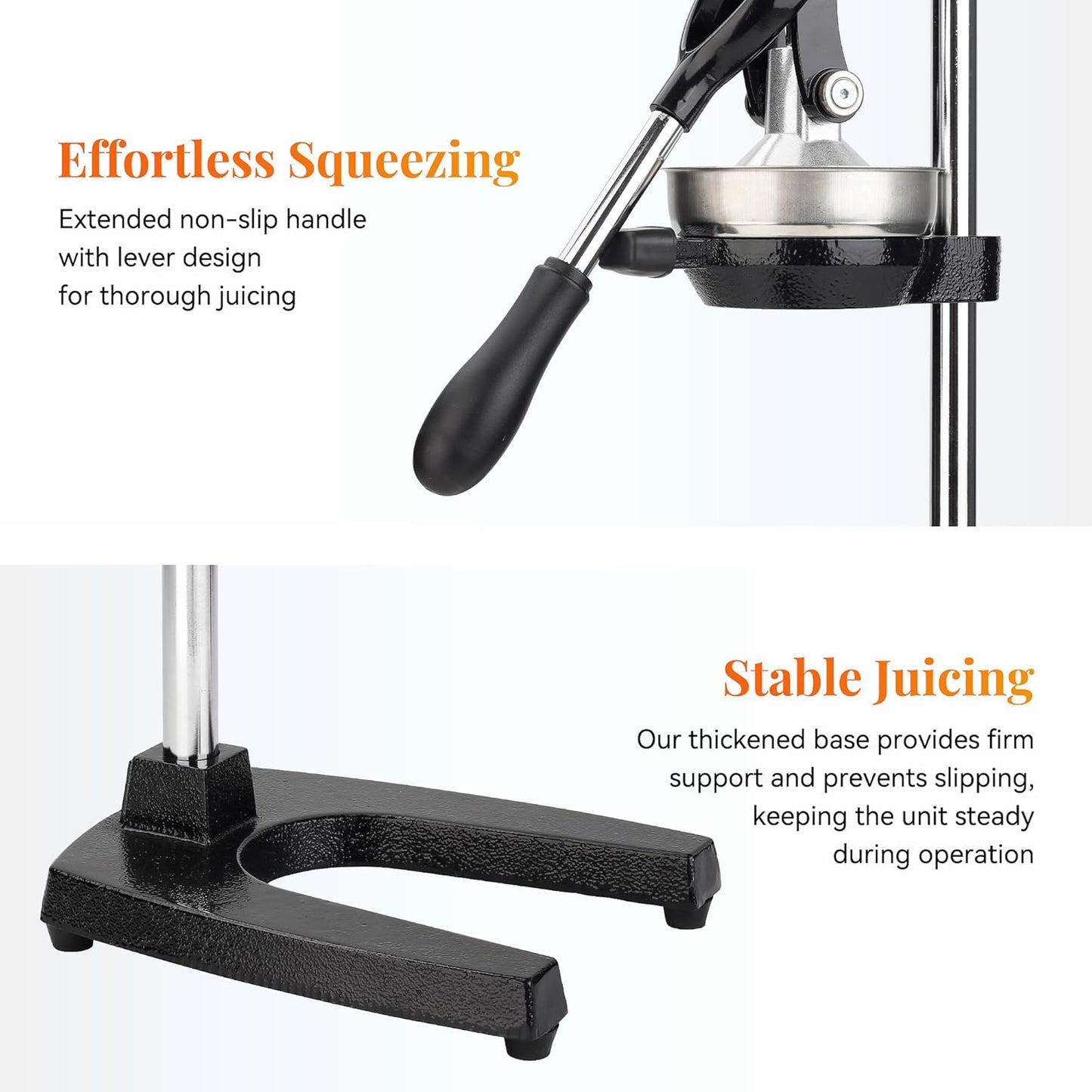 NCUE Cast Iron Juicer, Heavy-Duty Manual Juicer Hand Press, Citrus Juicer for Lemons, Oranges, Pomegranates, Grapefruits, and Other Fruits, Easy-To-Use and Clean Stainless Steel Lemon Squeezer (Black)