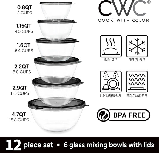 COOK WITH COLOR 12 Pc Glass Mixing Bowl Set with Lids – Borosilicate Glass Nesting Bowls for Cooking, Baking and Meal Prep, Gold Rim
