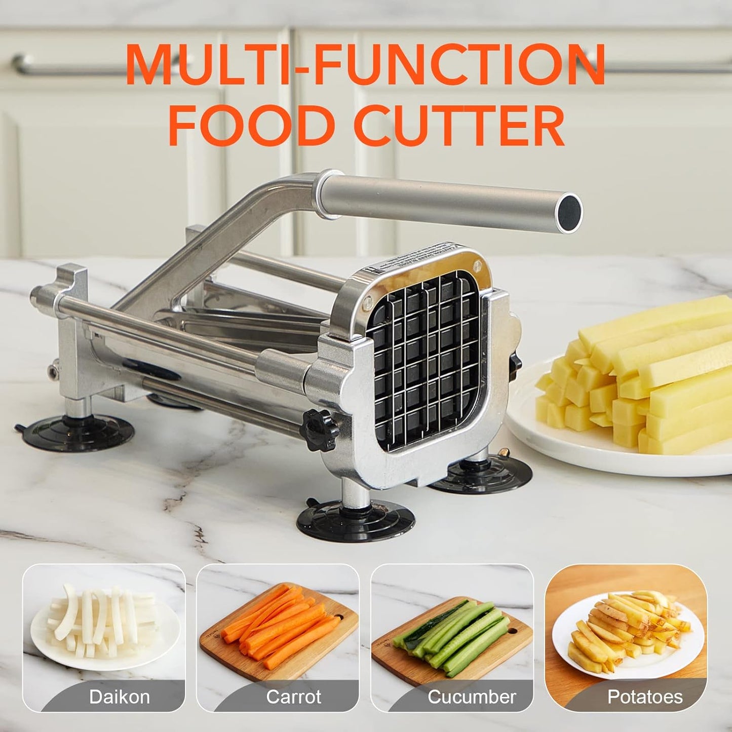 French Fry Cutter, Stainless Steel Potato Cutter with 1/2 Inch, 3/8 Inch and 1/4 Inch Blades (Manual Cutter, 1/2 '' & 3/8 '' & 1/4 '' Blade)