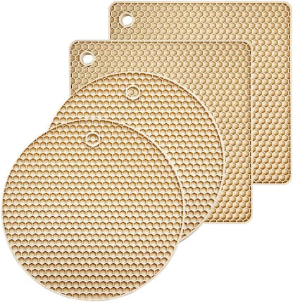4 Pieces Silicone Trivet Mats, Pot Holders, Kitchen Tools, Heat Resistant Non-Slip Durable Pads for Dishes, Bowls, Jar Opener, Easy to Wash and Dry Pan Cushions (Beige)