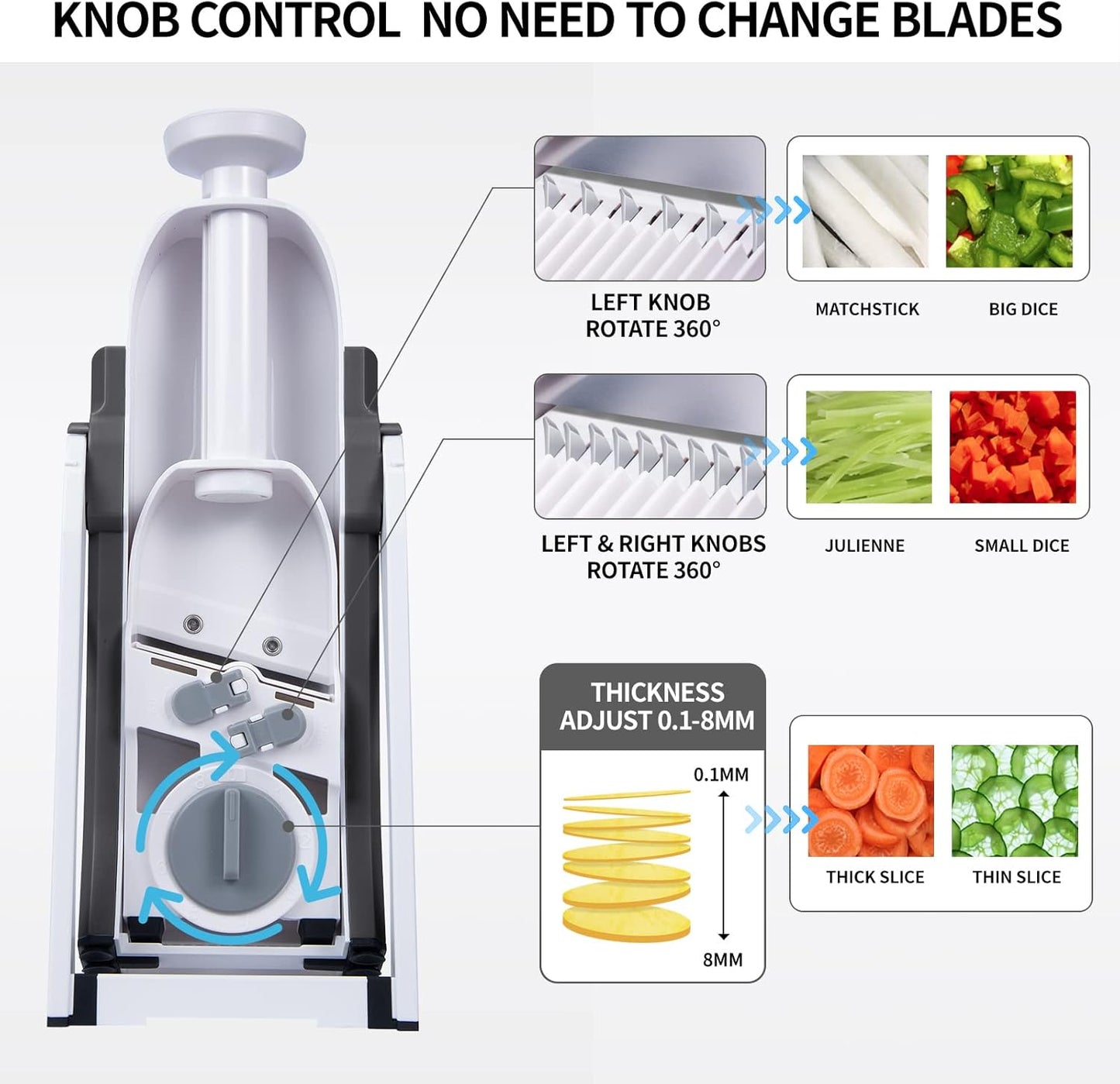 QYKIC Safe Mandoline Slicer 5 in 1 Vegetable Chopper Food Potato Cutter, Strips Julienne Dicer Adjustable Thickness 0.1-8 mm Kitchen Chopping Artifact Fast Meal Prep