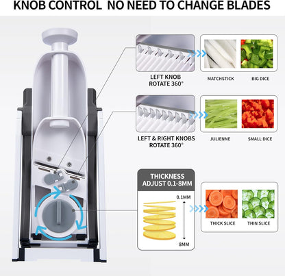 QYKIC Safe Mandoline Slicer 5 in 1 Vegetable Chopper Food Potato Cutter, Strips Julienne Dicer Adjustable Thickness 0.1-8 mm Kitchen Chopping Artifact Fast Meal Prep