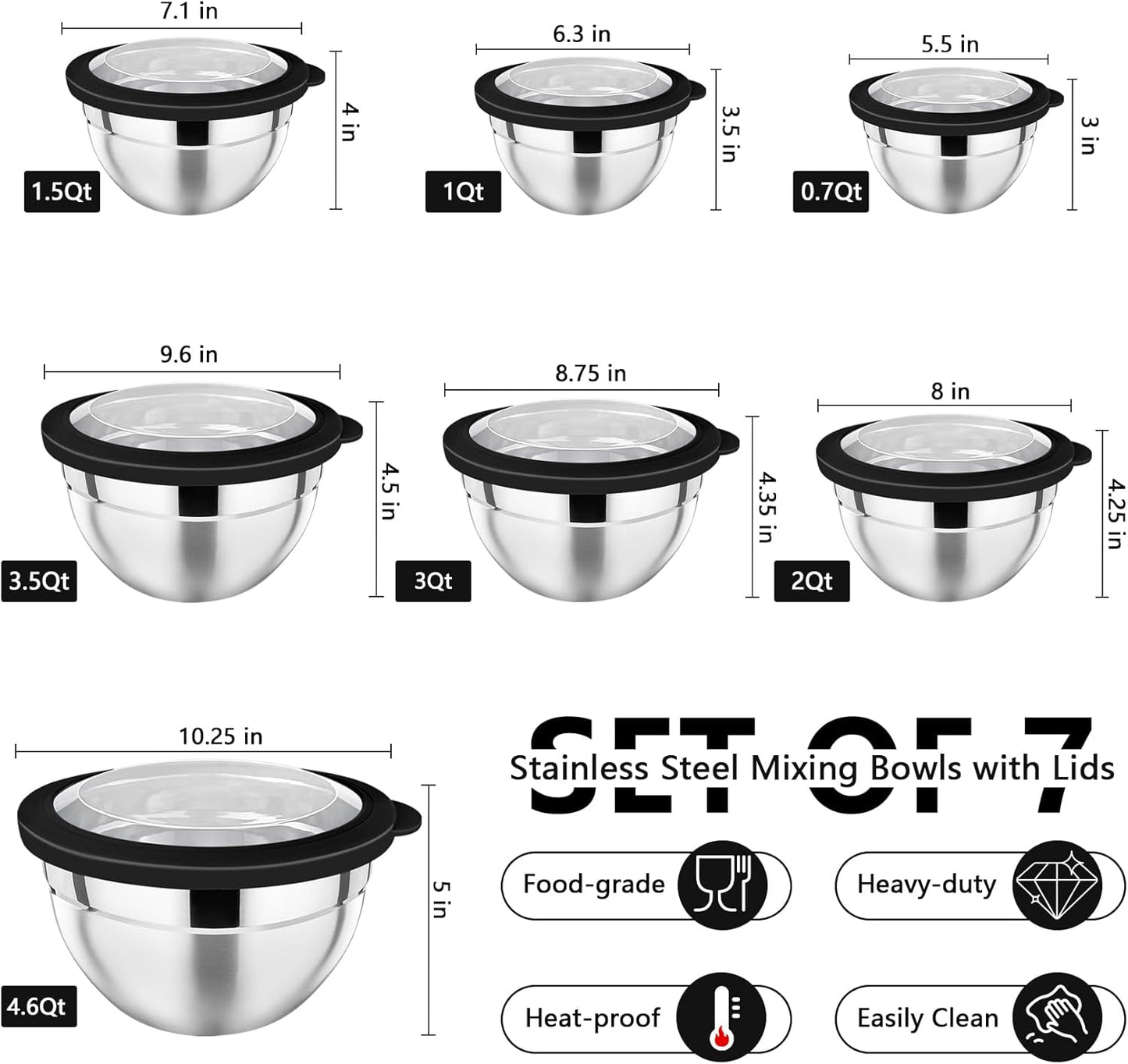 P&P CHEF Mixing Bowl with Lid Set of 7, Stainless Steel Nesting Salad Bowls for Cooking Serving Prepping, Clear Lids & Stackable Design, Size 4.6, 3.5, 3, 2, 1.5, 1, 0.7 Qt - Khaki