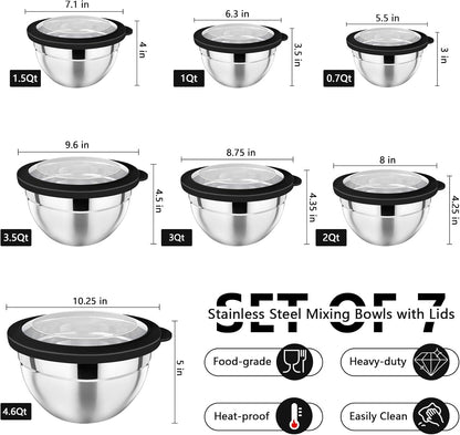 P&P CHEF Mixing Bowl with Lid Set of 7, Stainless Steel Nesting Salad Bowls for Cooking Serving Prepping, Clear Lids & Stackable Design, Size 4.6, 3.5, 3, 2, 1.5, 1, 0.7 Qt - Khaki