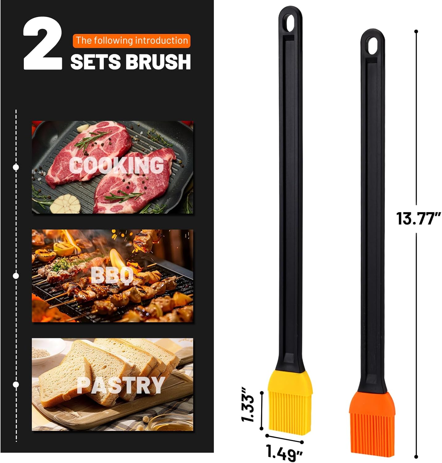 AmoreAngel CRAFTS 14 Inch Two Tone Silicone Basting Brush, Grill Brush with Non Slip Grip Long Handle, Kitchen Brush for BBQ, Grilling, Baking, Roasting, Saucing