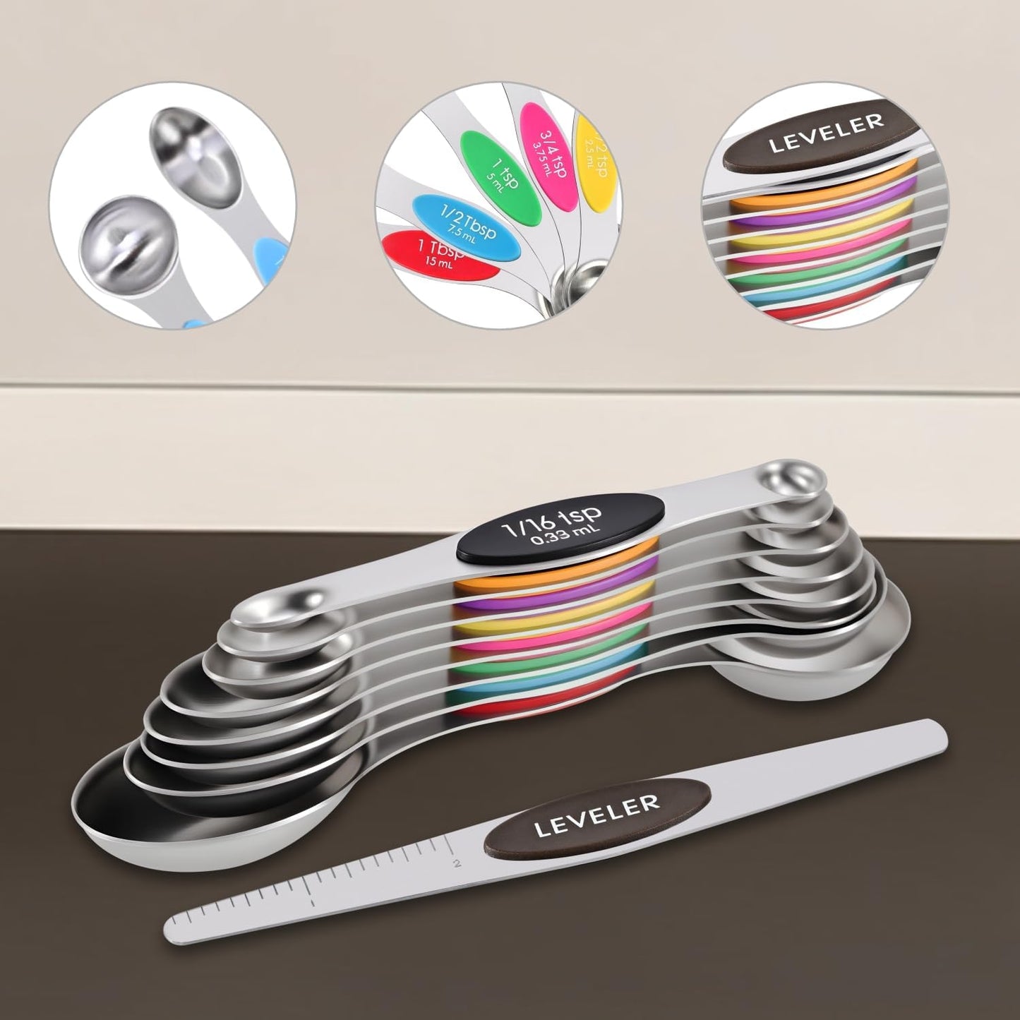 16-Piece Magnetic Measuring Cups and Spoons Set, Stainless Steel with Non-Slip Silicone Handles and Leveler, Essential Kitchen Baking Tools (Multicolor)