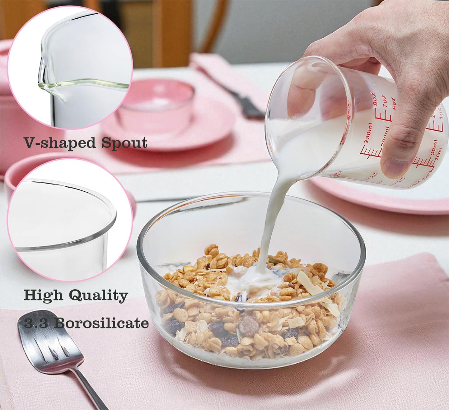 High Borosilicate Glass Measuring Cup-V-Shaped Spout，Glass Measuring Beaker for Kitchen or Restaurant, Easy to Read, 60 ML (2 Oz)-Pack of 2