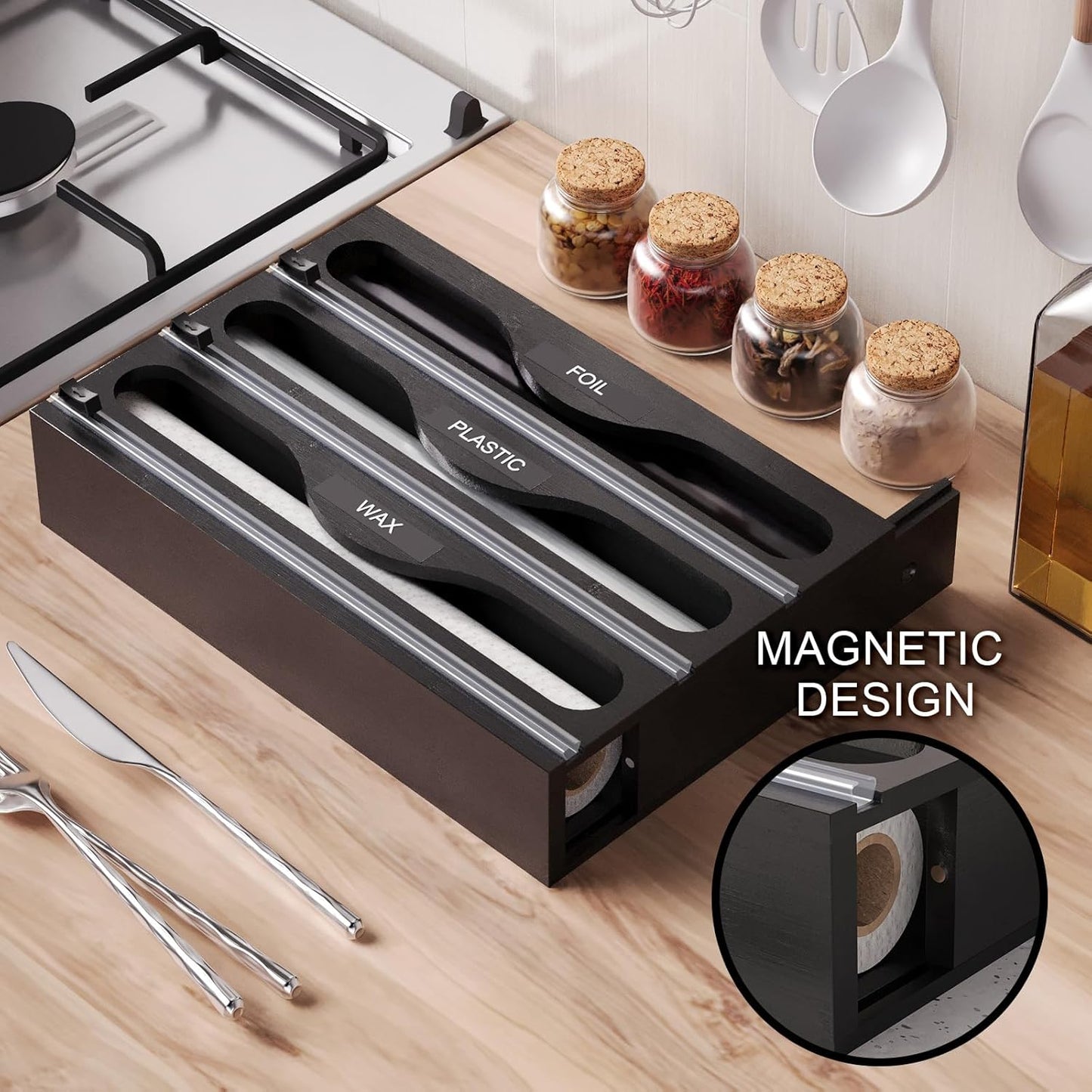 Wrap Dispenser with Cutter and Labels, Plastic Wrap Organizer For Kitchen,Bamboo 3-in-1 Wrap Dispensers for Cling Wrap Aluminum Foil and Wax,Storage Organization Holder（Brown）