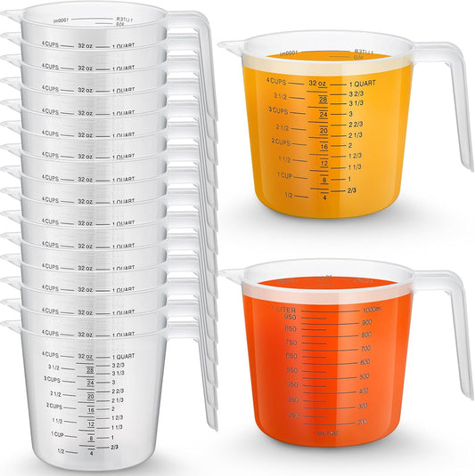 Fabbay 24 Pcs 4 Cup Capacity Plastic Measuring Cup 1000 ml Clear Graduated Measuring Cups Plastic Mug with Spout and Handles Ounce and Ml Marking for Recipe Ingredient Flour Water Liquid(Red,32 oz)